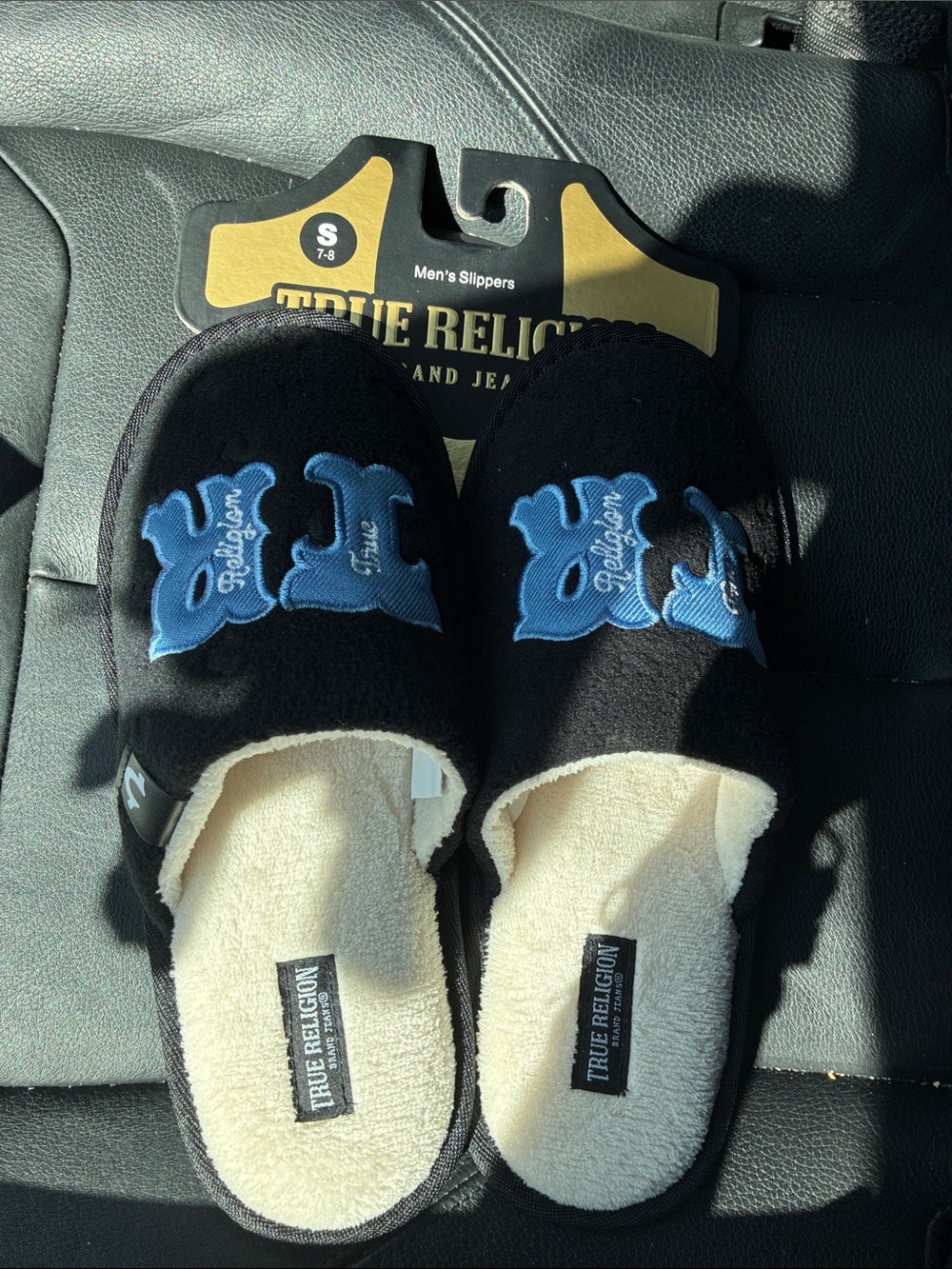 True Religion Black Slip-On Men's Slippers with Blue Logo